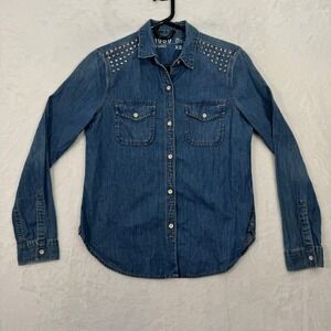 Gap Denim Shirt Womens XS Blue 1969 Adler Wash Studded Western Flap Pocket Long